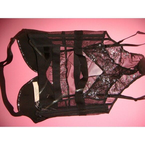 Victoria's Secret 32B GARTER corset+TEDDY one-piece+XS thong BLACK silver foil - Picture 6 of 8